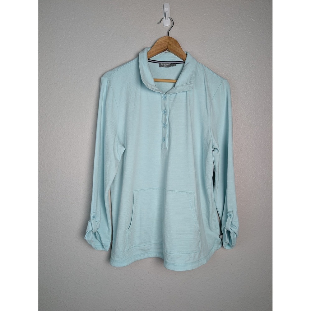 T By Talbots Blouse Womens L Blue Tunic Roll Tab Long Sleeve Collared Pockets